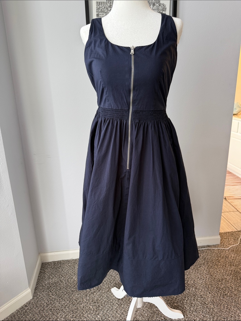 J. Crew Tall Navy Sleeveless A-Line Midi Dress with Front Zip